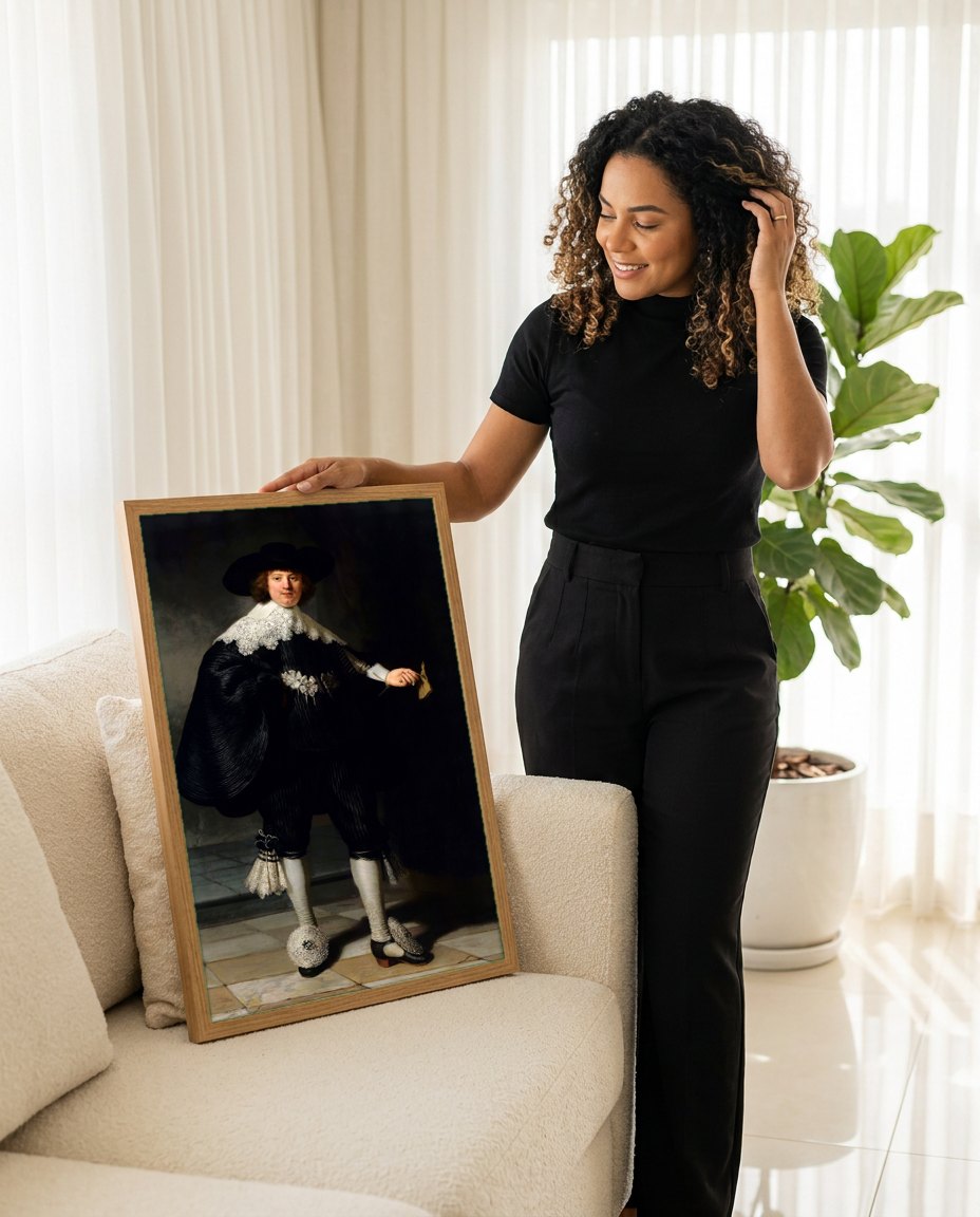 Quadro Decorativo Retrato de Jovem Cavalheiro - Rembrandt | modelo apresentando o quadro emoldurado