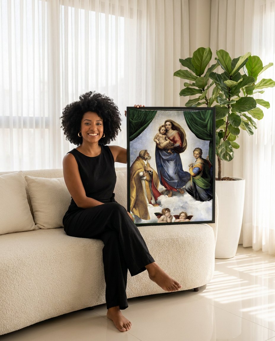 Quadro Decorativo Madona Sistina - Rafael | modelo apresentando o quadro emoldurado