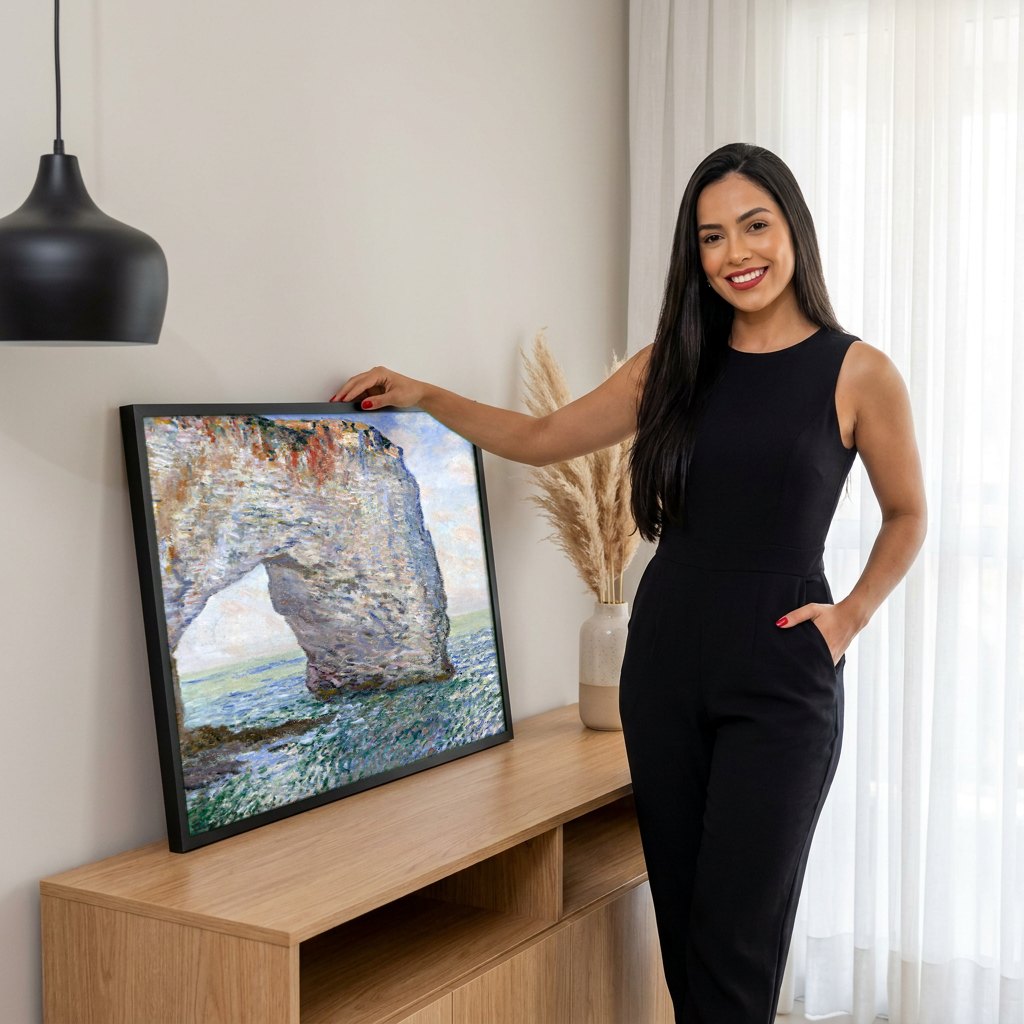 Quadro Decorativo Falésias de Étretat - Claude Monet | modelo apresentando o quadro emoldurado