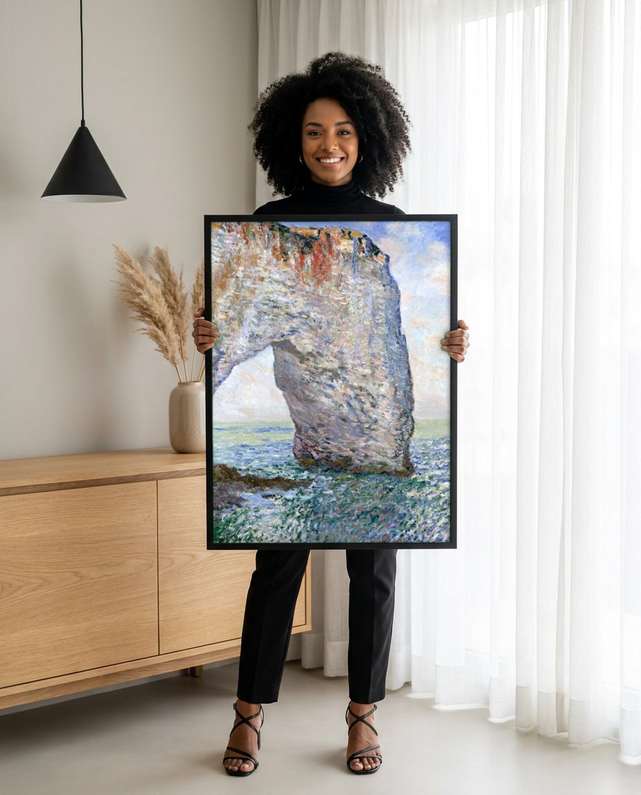 Quadro Decorativo Falésias de Étretat - Claude Monet | modelo apresentando o quadro emoldurado
