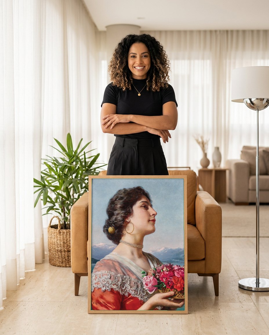 Quadro Decorativo A Dama com Cesta de Flores - Czachórski | modelo apresentando o quadro emoldurado