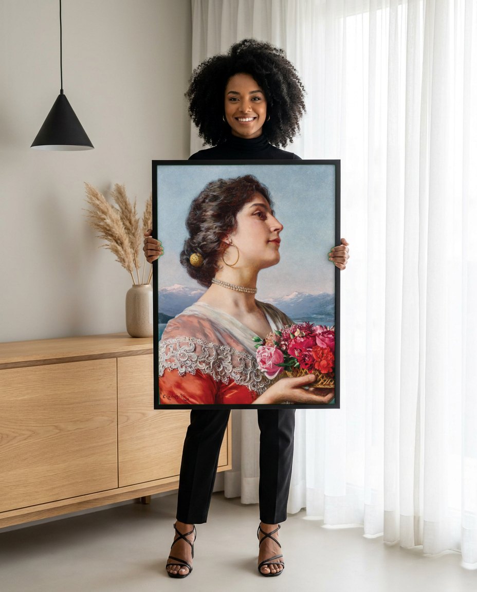 Quadro Decorativo A Dama com Cesta de Flores - Czachórski | modelo apresentando o quadro emoldurado