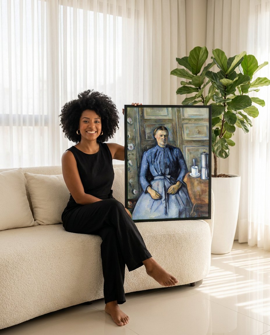 Quadro Decorativo A Mulher no Azul - Paul Cézanne | modelo apresentando o quadro emoldurado