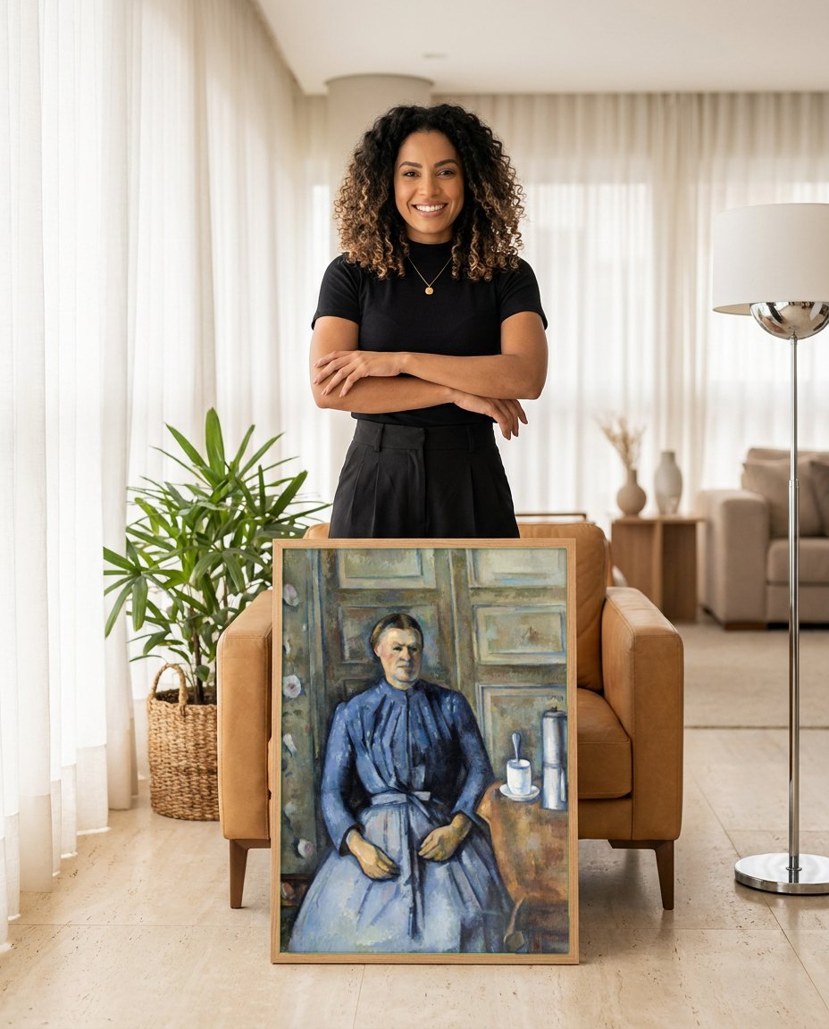 Quadro Decorativo A Mulher no Azul - Paul Cézanne | modelo apresentando o quadro emoldurado