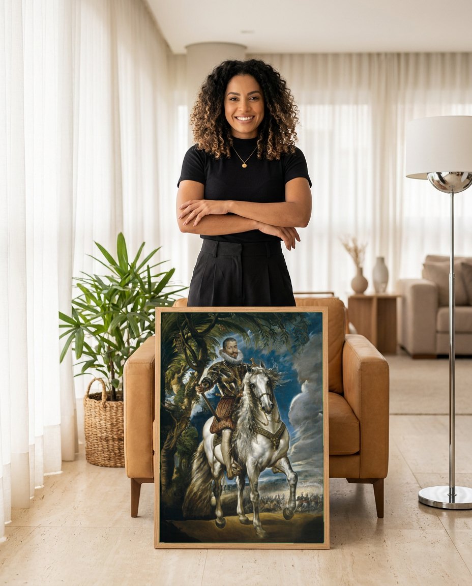 Quadro Decorativo Duque de Lerma a Cavalo - Rubens | modelo apresentando o quadro emoldurado