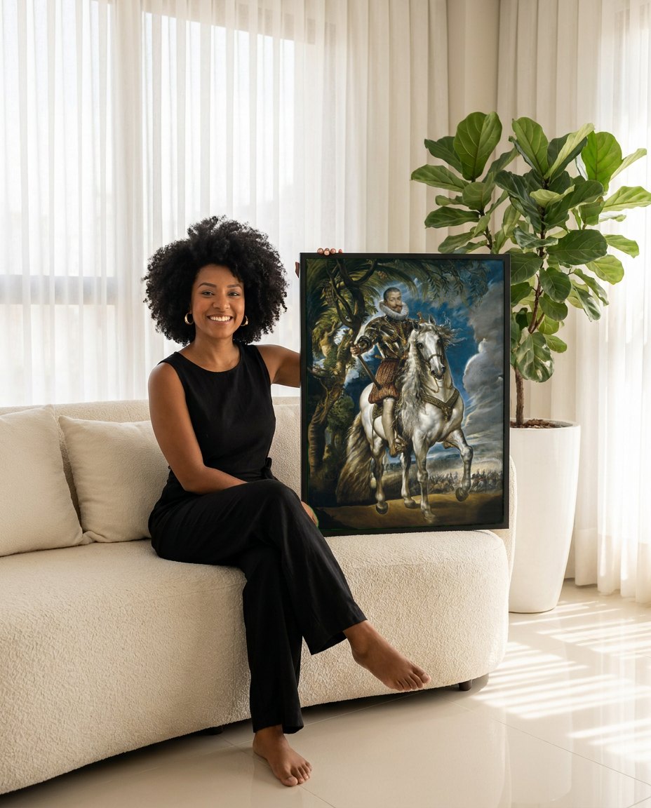 Quadro Decorativo Duque de Lerma a Cavalo - Rubens | modelo apresentando o quadro emoldurado