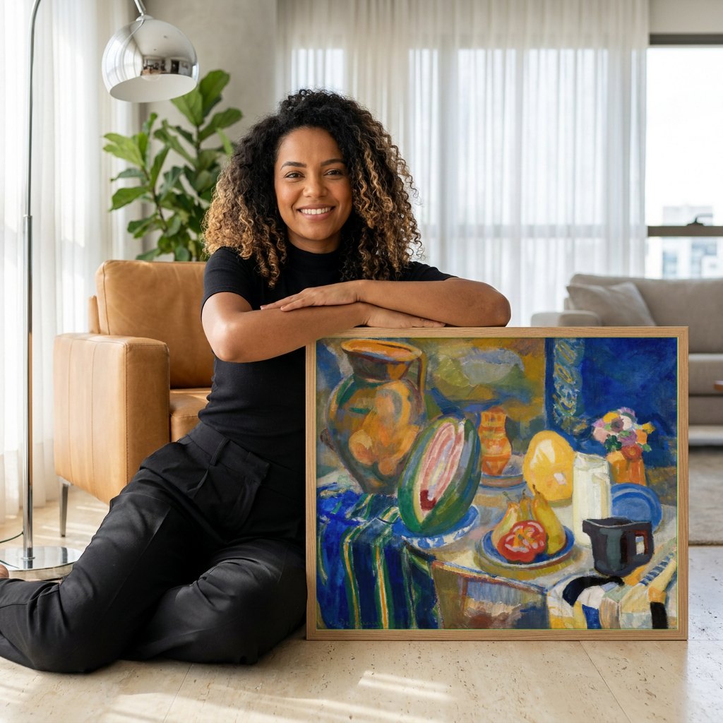 Quadro Decorativo Natureza-Morta com Melancia - Robert Delaunay | modelo apresentando o quadro emoldurado