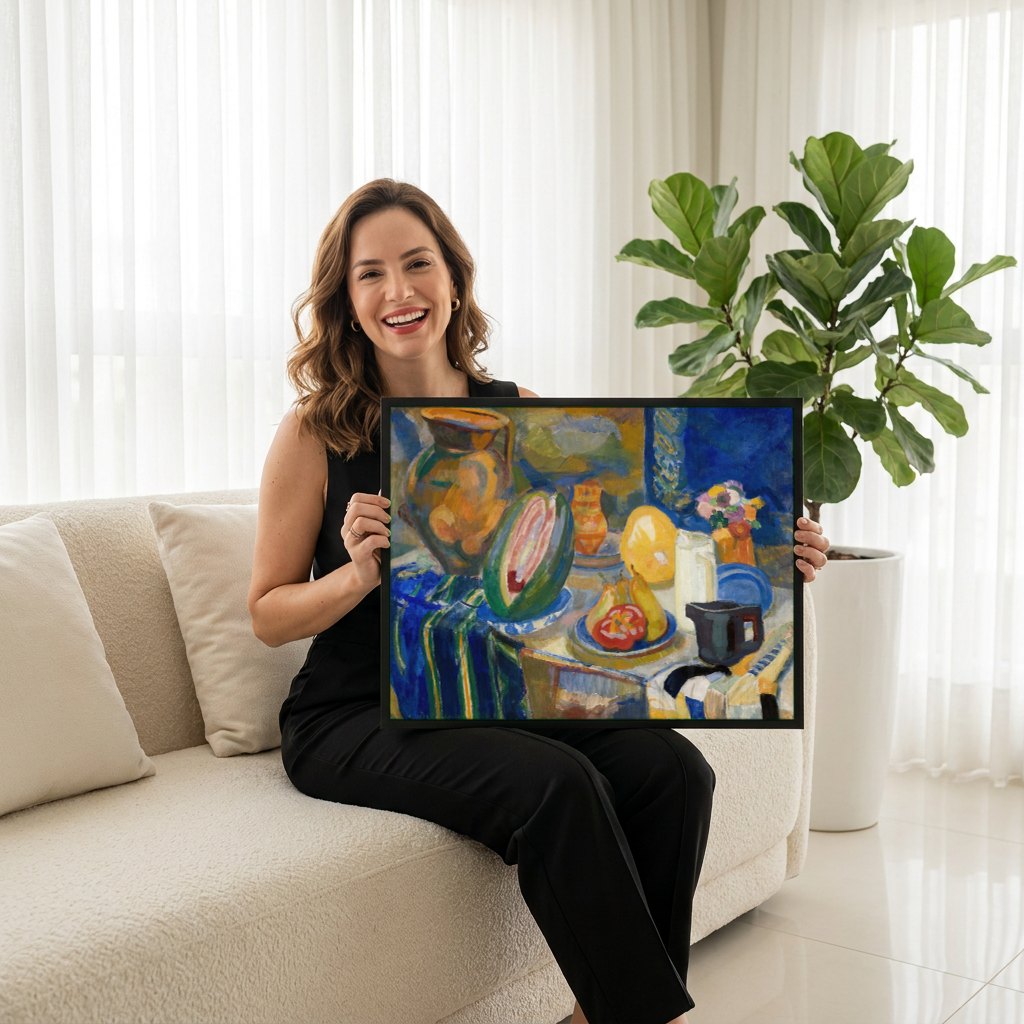 Quadro Decorativo Natureza-Morta com Melancia - Robert Delaunay | modelo apresentando o quadro emoldurado