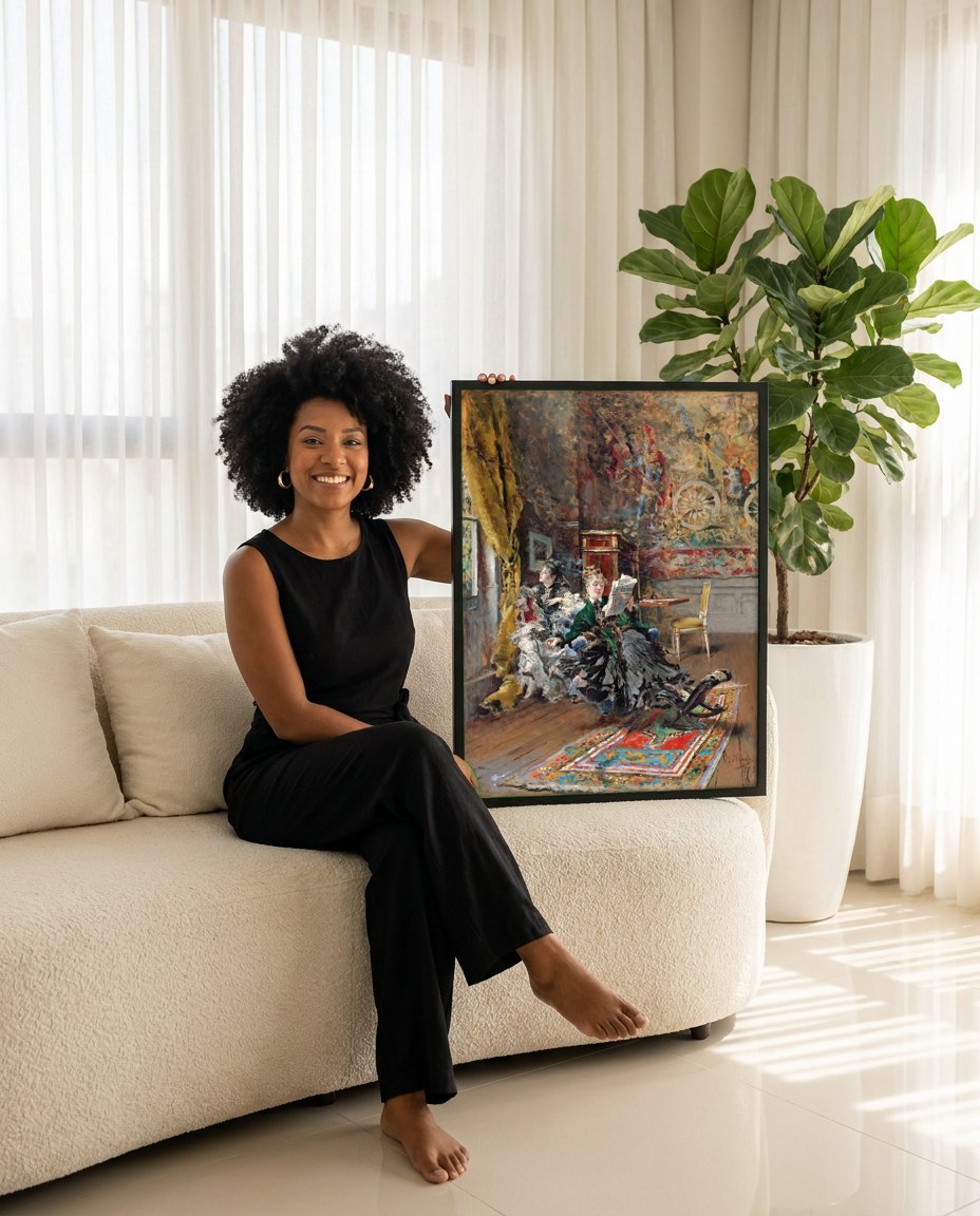 Quadro Decorativo A Leitura - Giovanni Boldini | modelo apresentando o quadro emoldurado