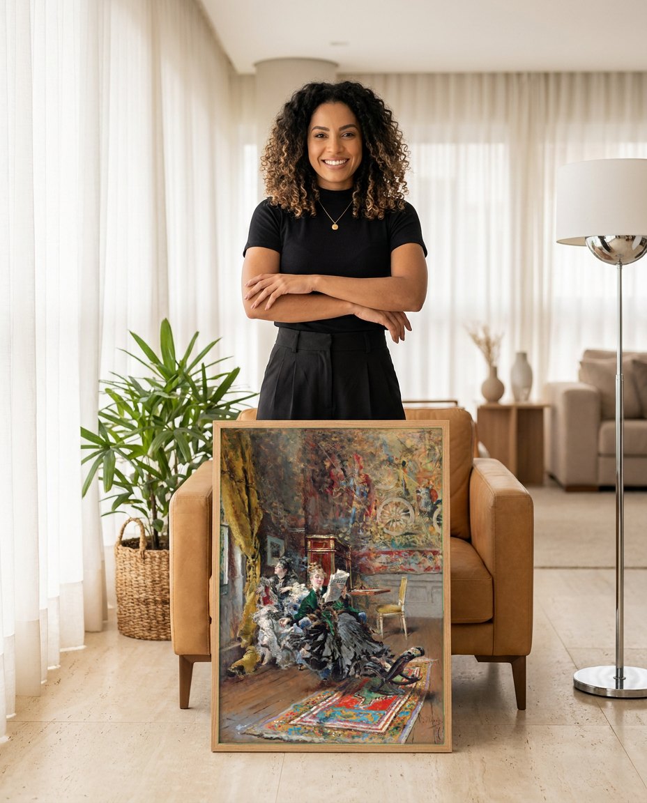 Quadro Decorativo A Leitura - Giovanni Boldini | modelo apresentando o quadro emoldurado