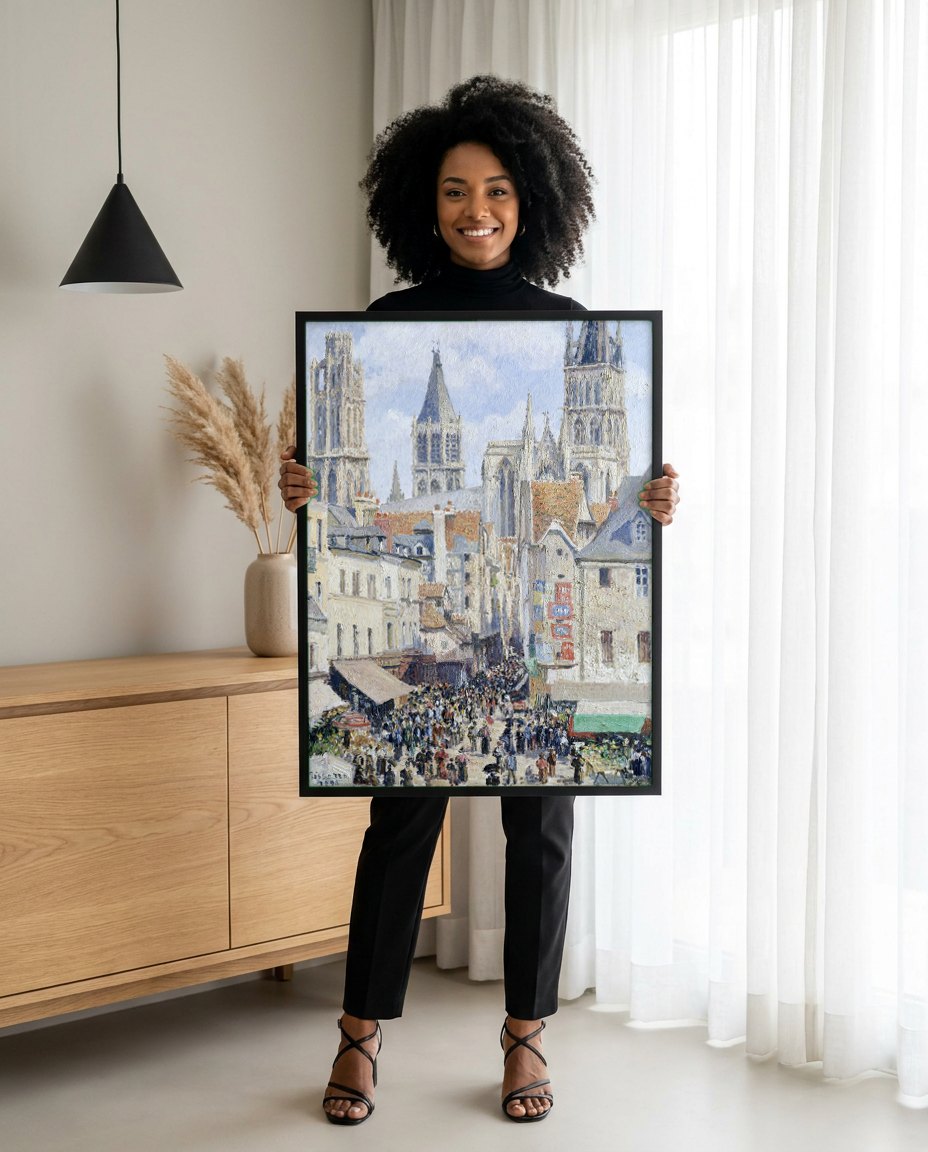 Quadro Decorativo Mercado de Rouen - Camille Pissarro | modelo apresentando o quadro emoldurado