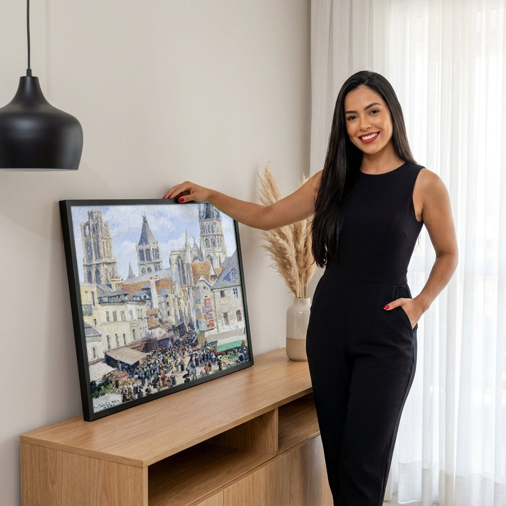 Quadro Decorativo Mercado de Rouen - Camille Pissarro | modelo apresentando o quadro emoldurado