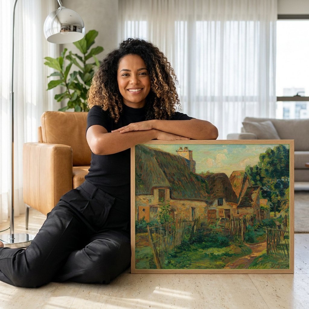 Quadro Decorativo Casas de Campo com Telhado de Palha - Guillaumin | modelo apresentando o quadro emoldurado