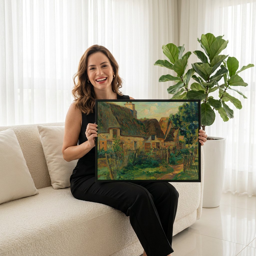 Quadro Decorativo Casas de Campo com Telhado de Palha - Guillaumin | modelo apresentando o quadro emoldurado
