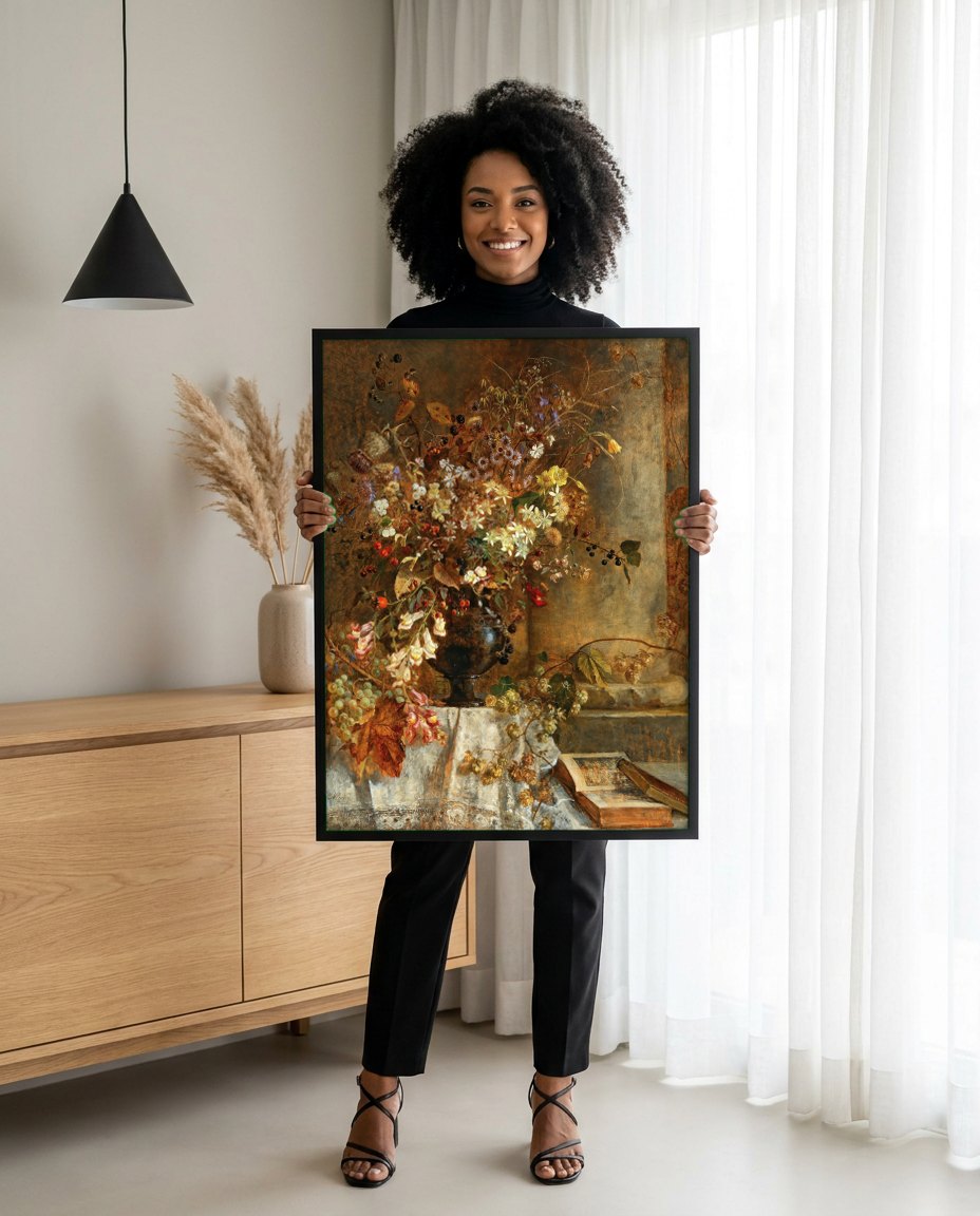 Quadro Decorativo Natureza-Morta Floral - Marie Egner | modelo apresentando o quadro emoldurado