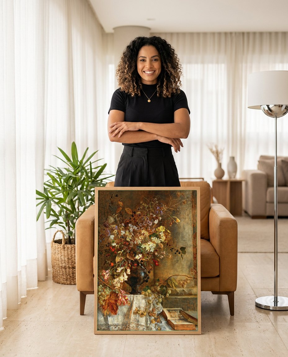 Quadro Decorativo Natureza-Morta Floral - Marie Egner | modelo apresentando o quadro emoldurado