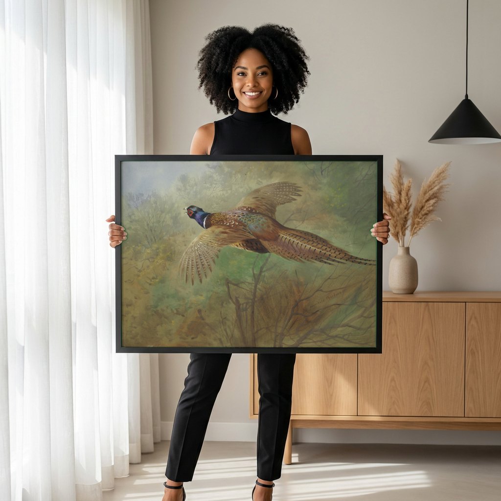 Quadro Decorativo Faisão em Voo - Archibald Thorburn | modelo apresentando o quadro emoldurado