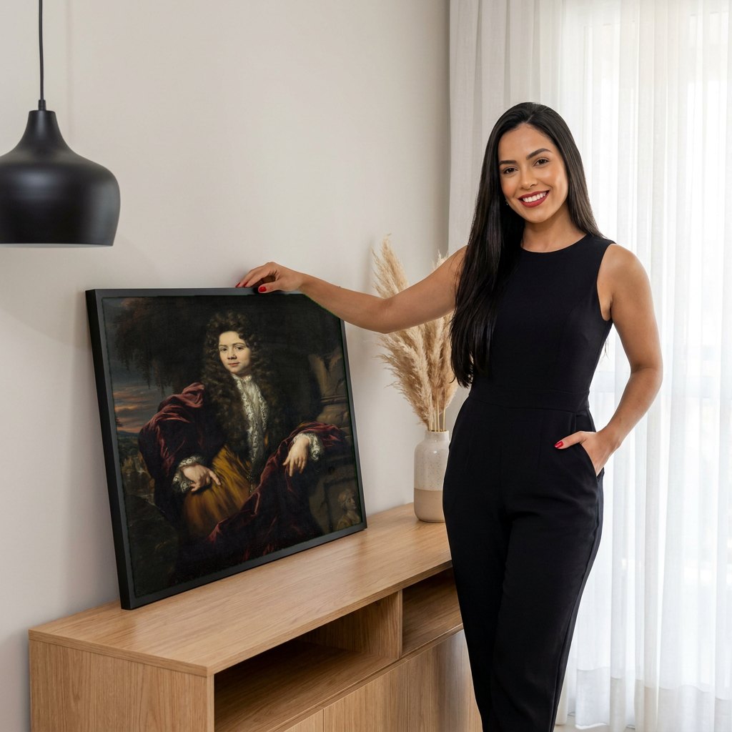 Quadro Decorativo Retrato de Jovem - Nicolaes Maes | modelo apresentando o quadro emoldurado
