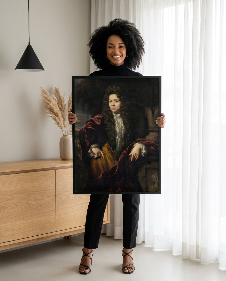 Quadro Decorativo Retrato de Jovem - Nicolaes Maes | modelo apresentando o quadro emoldurado