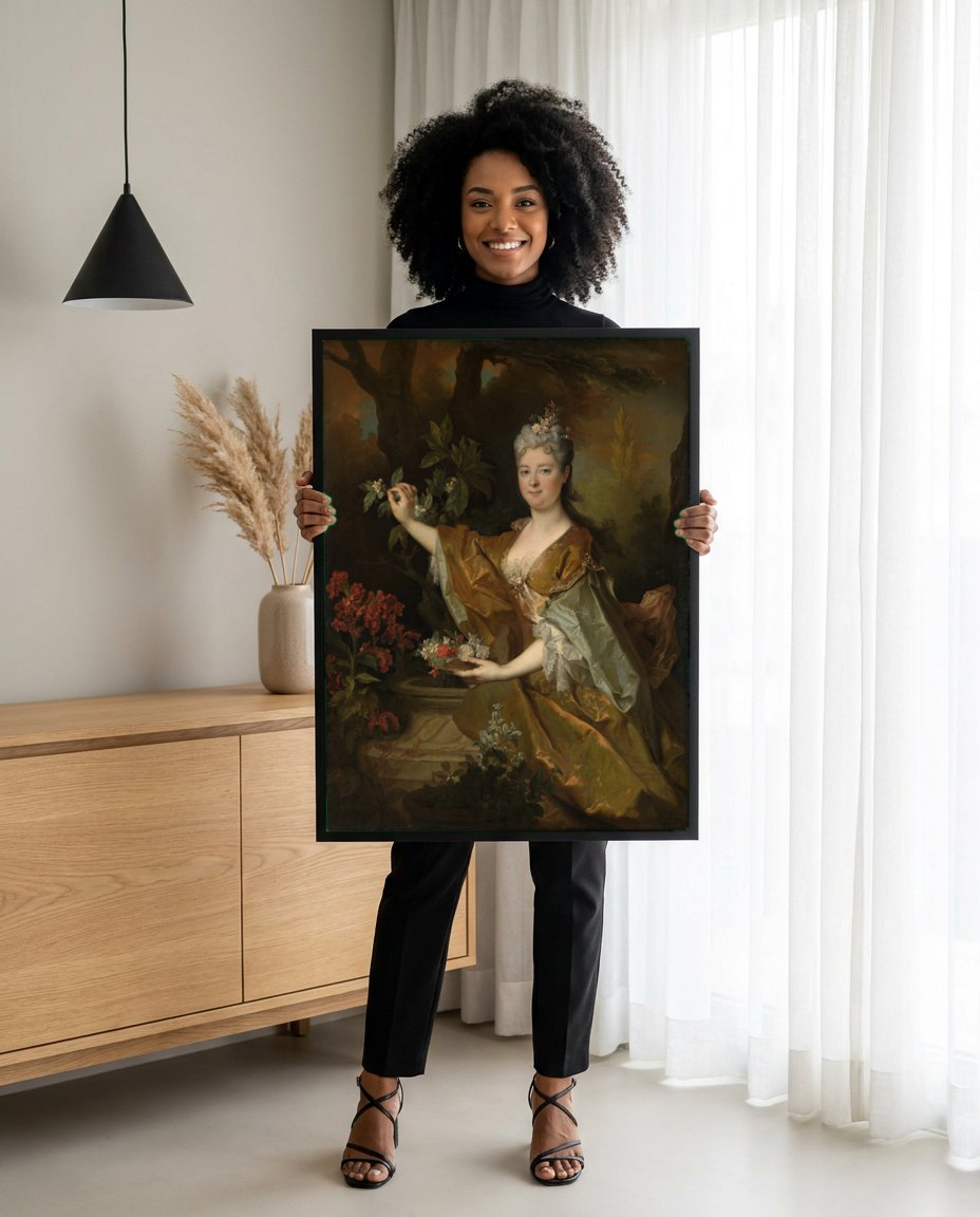Quadro Decorativo Retrato de Dama com Flores - Largillière | modelo apresentando o quadro emoldurado