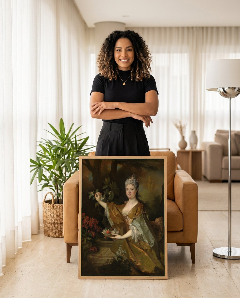 Quadro Decorativo Retrato de Dama com Flores - Largillière | modelo apresentando o quadro emoldurado