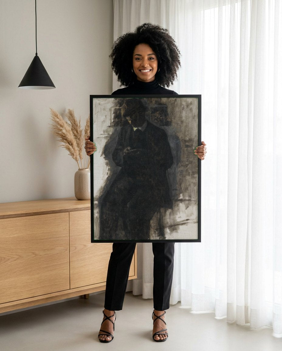 Quadro Decorativo Homem Lendo (Estudo) - Vilhelm Hammershøi | modelo apresentando o quadro emoldurado