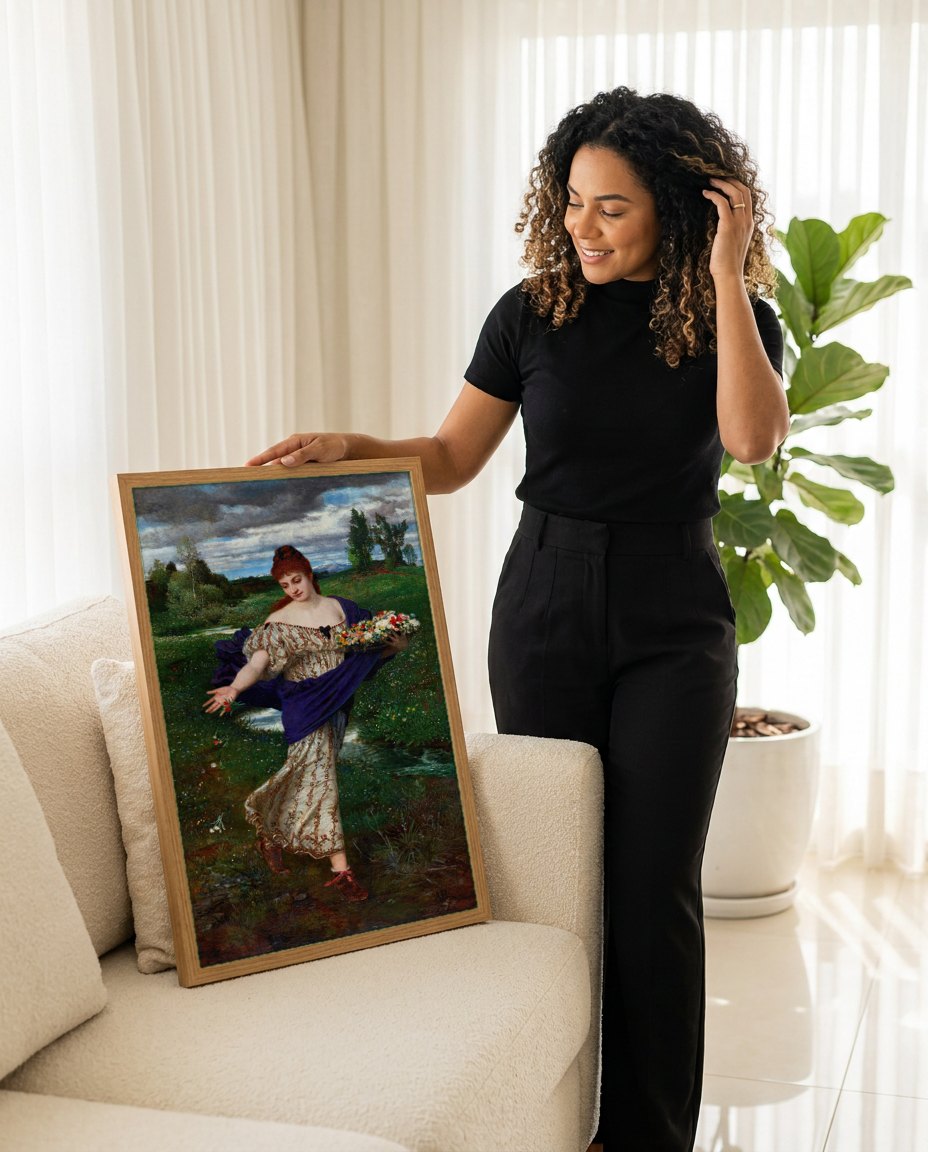 Quadro Decorativo Primavera - Arnold Böcklin | modelo apresentando o quadro emoldurado