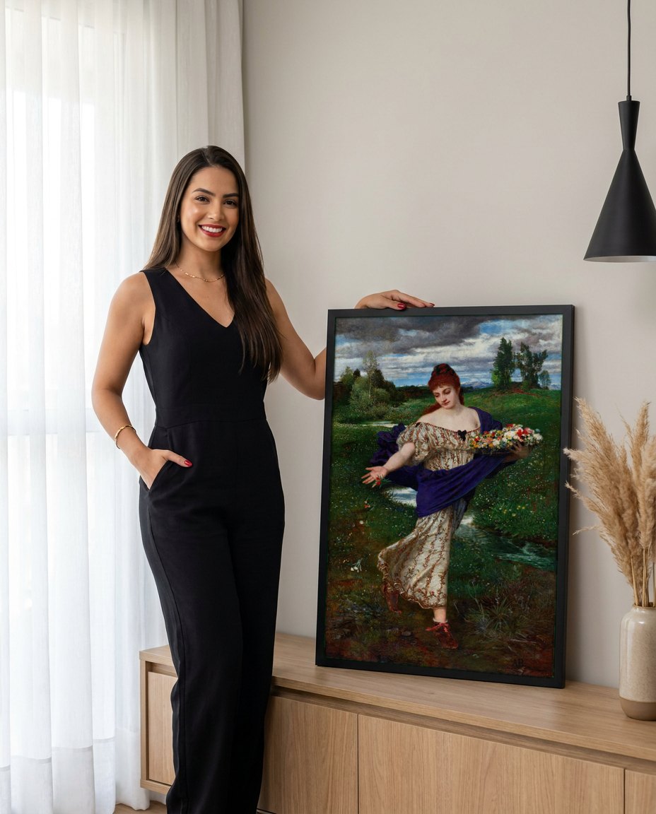 Quadro Decorativo Primavera - Arnold Böcklin | modelo apresentando o quadro emoldurado
