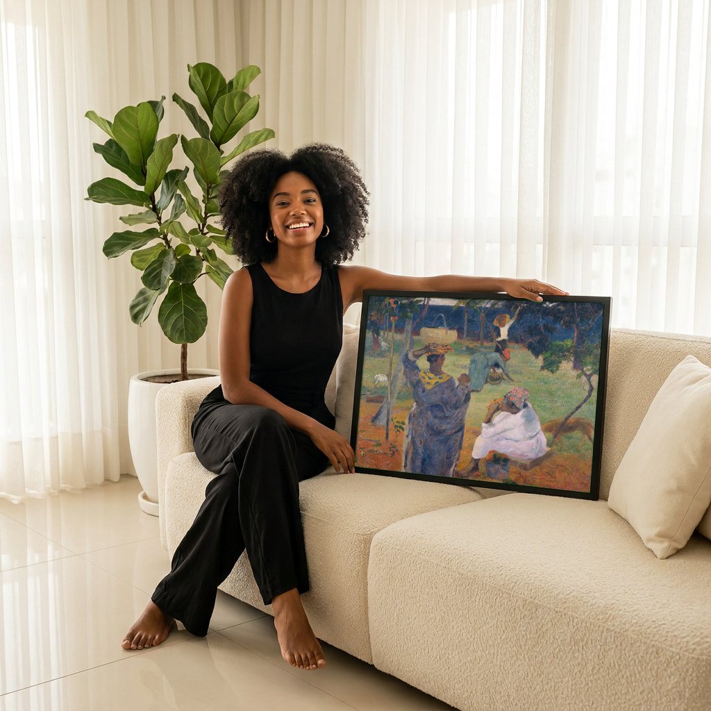 Quadro Decorativo Colheita Tropical - Paul Gauguin | modelo apresentando o quadro emoldurado