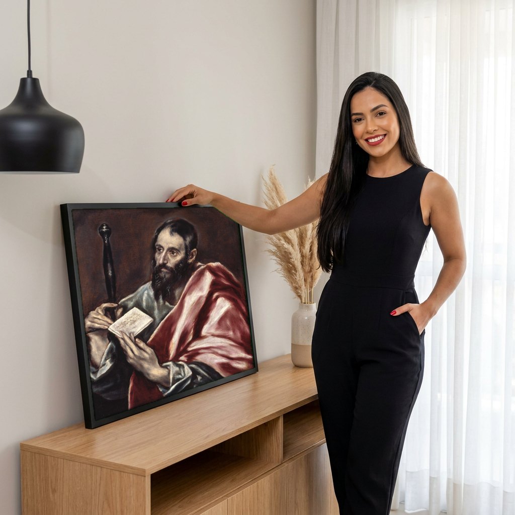 Quadro Decorativo São Paulo Apóstolo - El Greco | modelo apresentando o quadro emoldurado