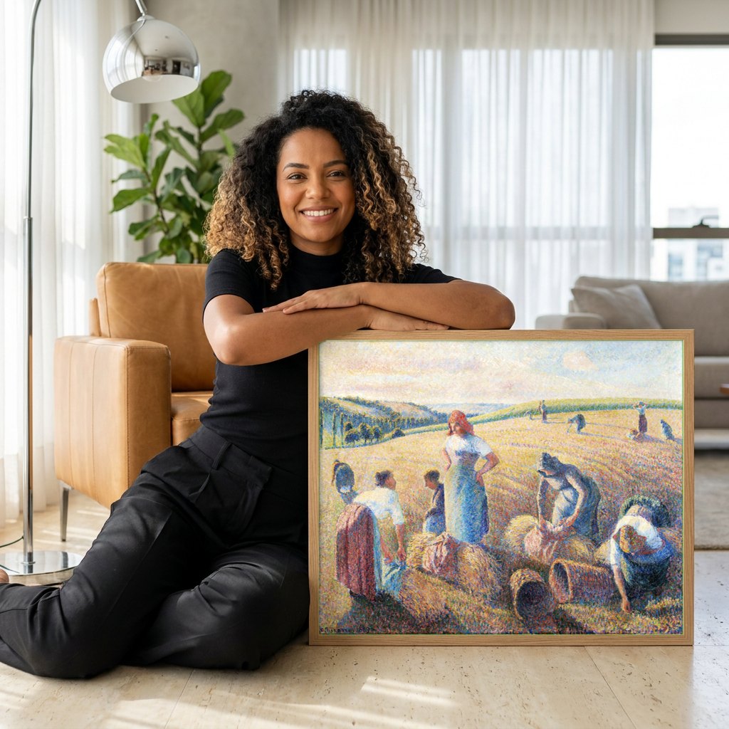 Quadro Decorativo Colheita ao Sol - Camille Pissarro | modelo apresentando o quadro emoldurado