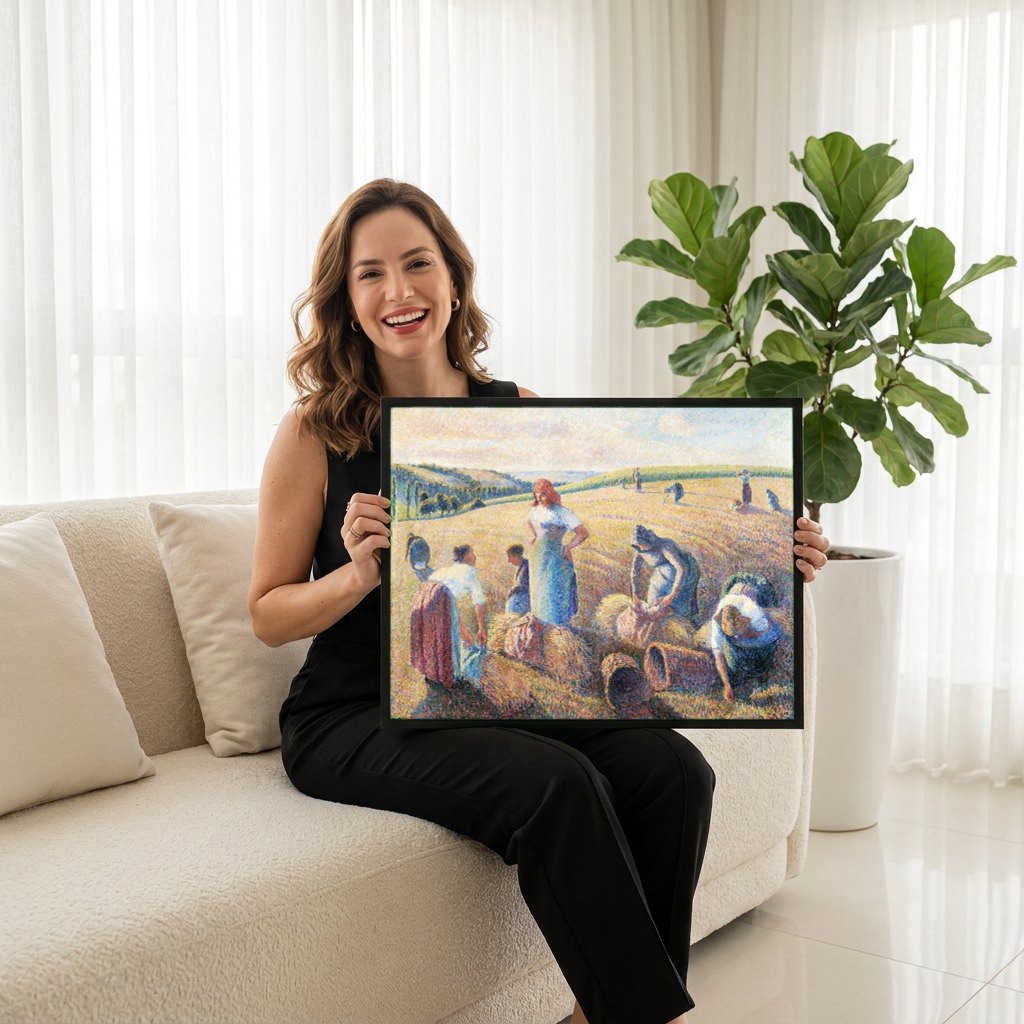 Quadro Decorativo Colheita ao Sol - Camille Pissarro | modelo apresentando o quadro emoldurado