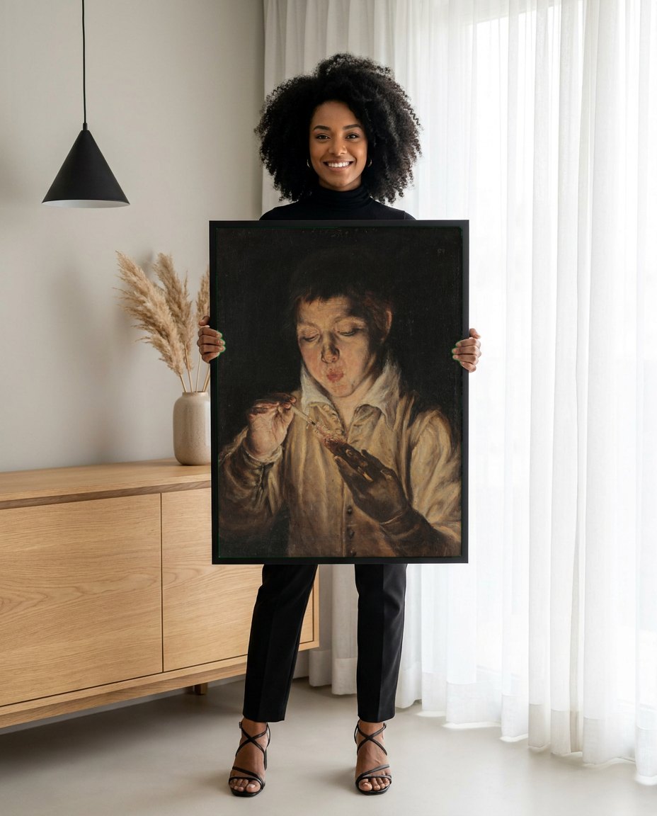 Quadro Decorativo O Soprador de Brasa - El Greco | modelo apresentando o quadro emoldurado
