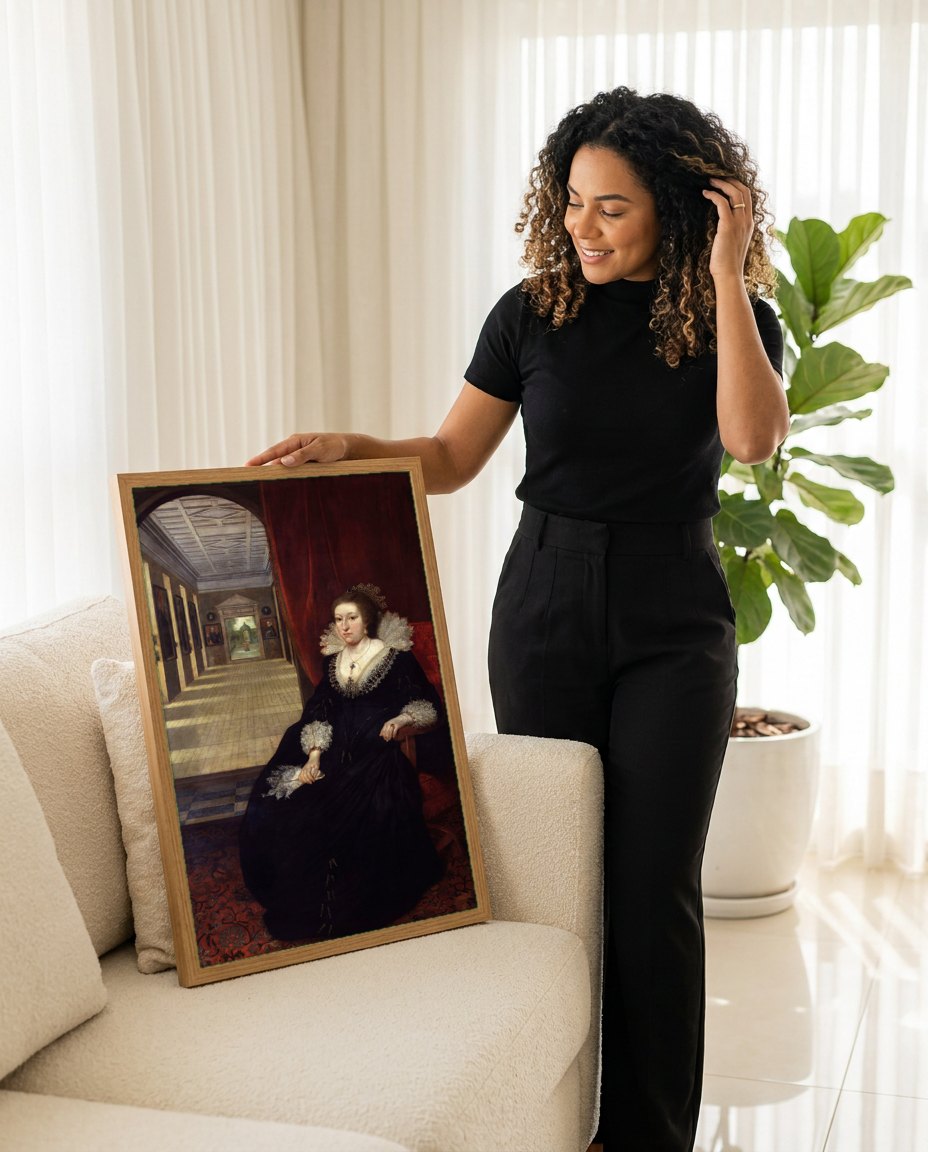 Quadro Decorativo Retrato de Dama – Daniël Mijtens | modelo apresentando o quadro emoldurado