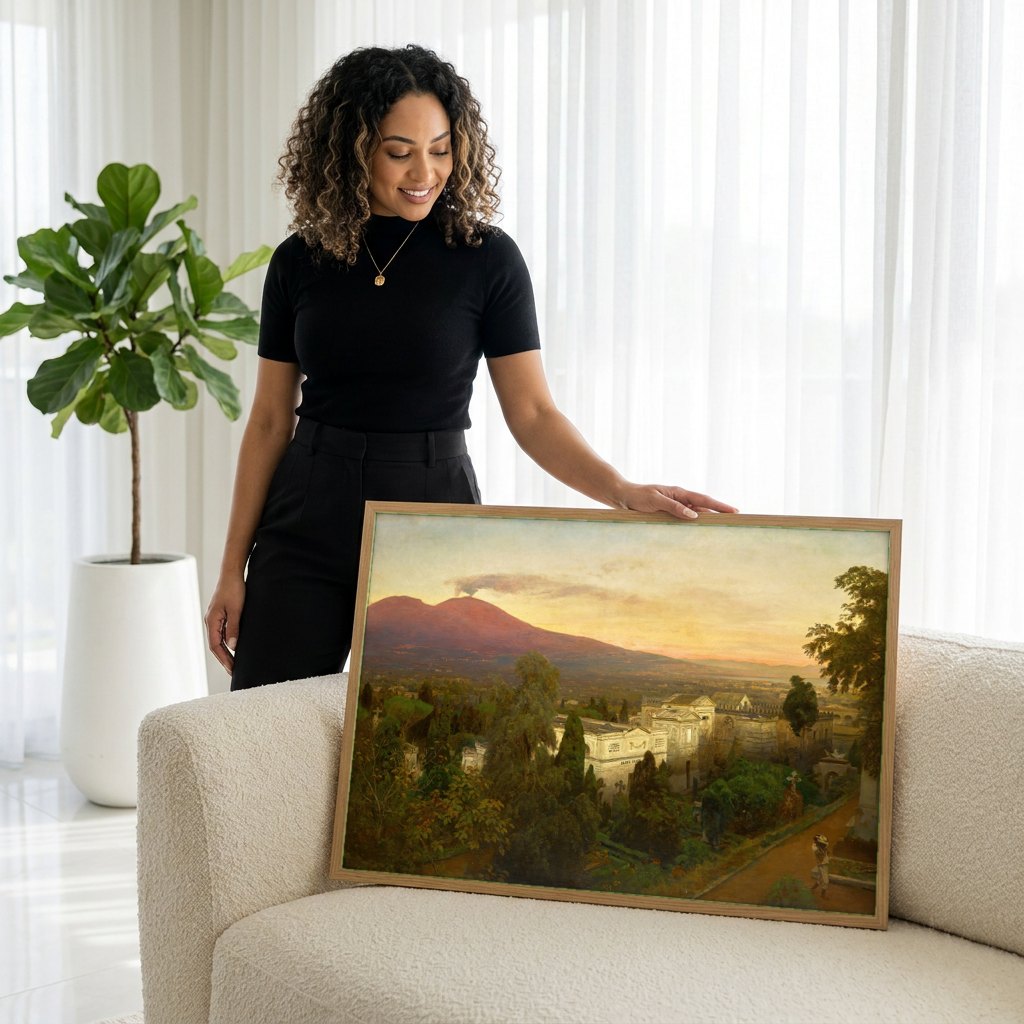 Quadro Decorativo Vesúvio ao Pôr do Sol - Oswald Achenbach | modelo apresentando o quadro emoldurado