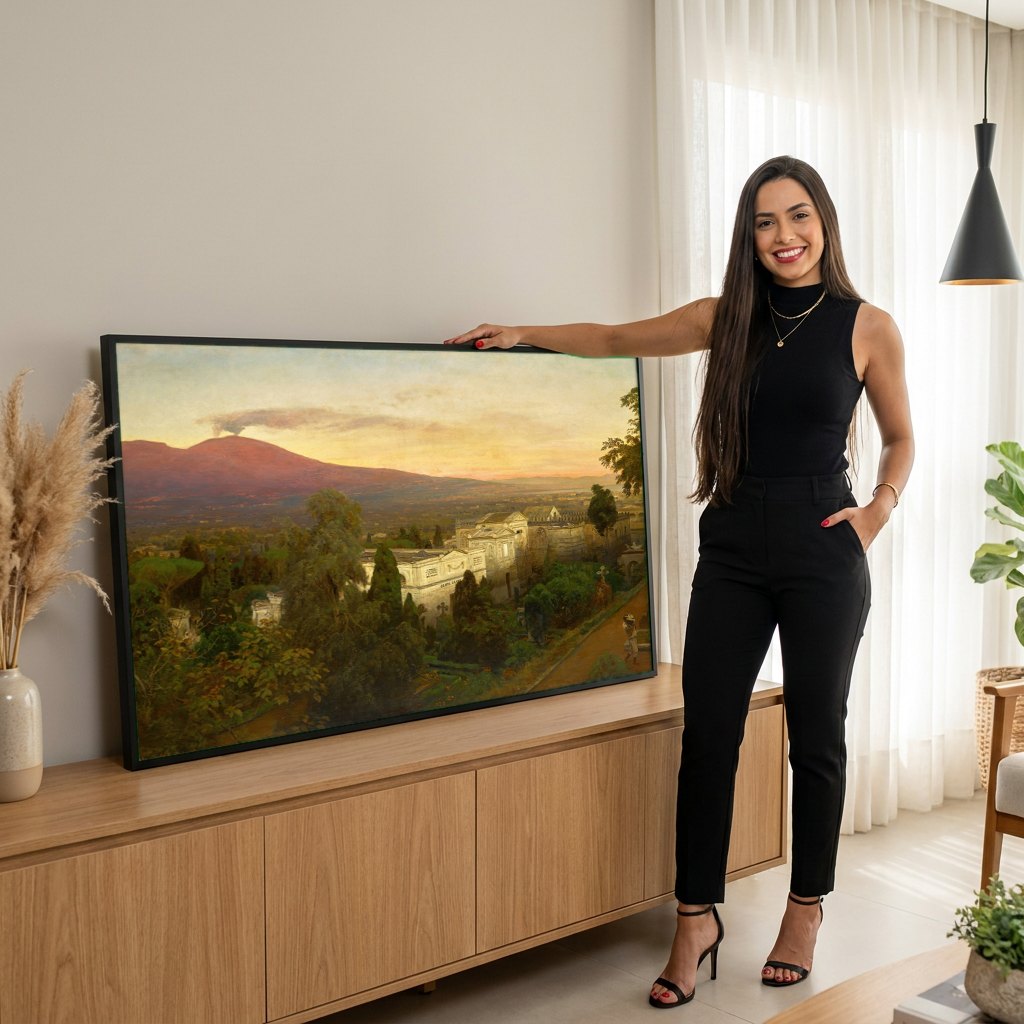 Quadro Decorativo Vesúvio ao Pôr do Sol - Oswald Achenbach | modelo apresentando o quadro emoldurado