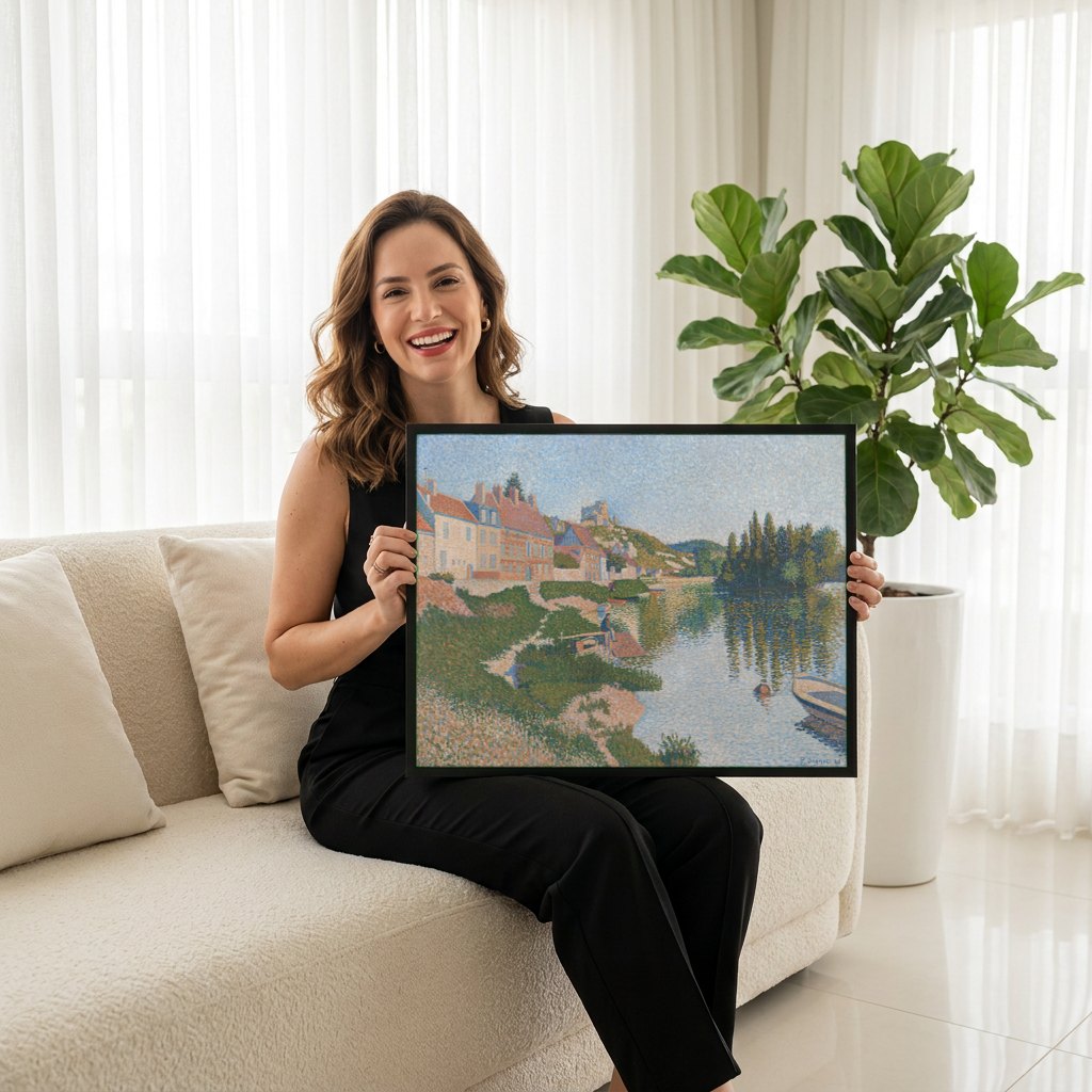 Quadro Decorativo A Ponte das Artes - Paul Signac | modelo apresentando o quadro emoldurado