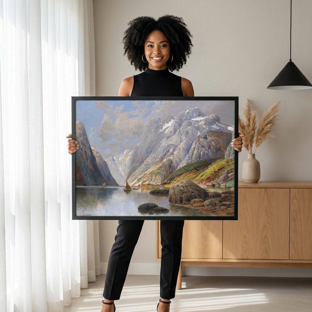 Quadro Decorativo Fiorde Norueguês - Karl Kaufmann | modelo apresentando o quadro emoldurado