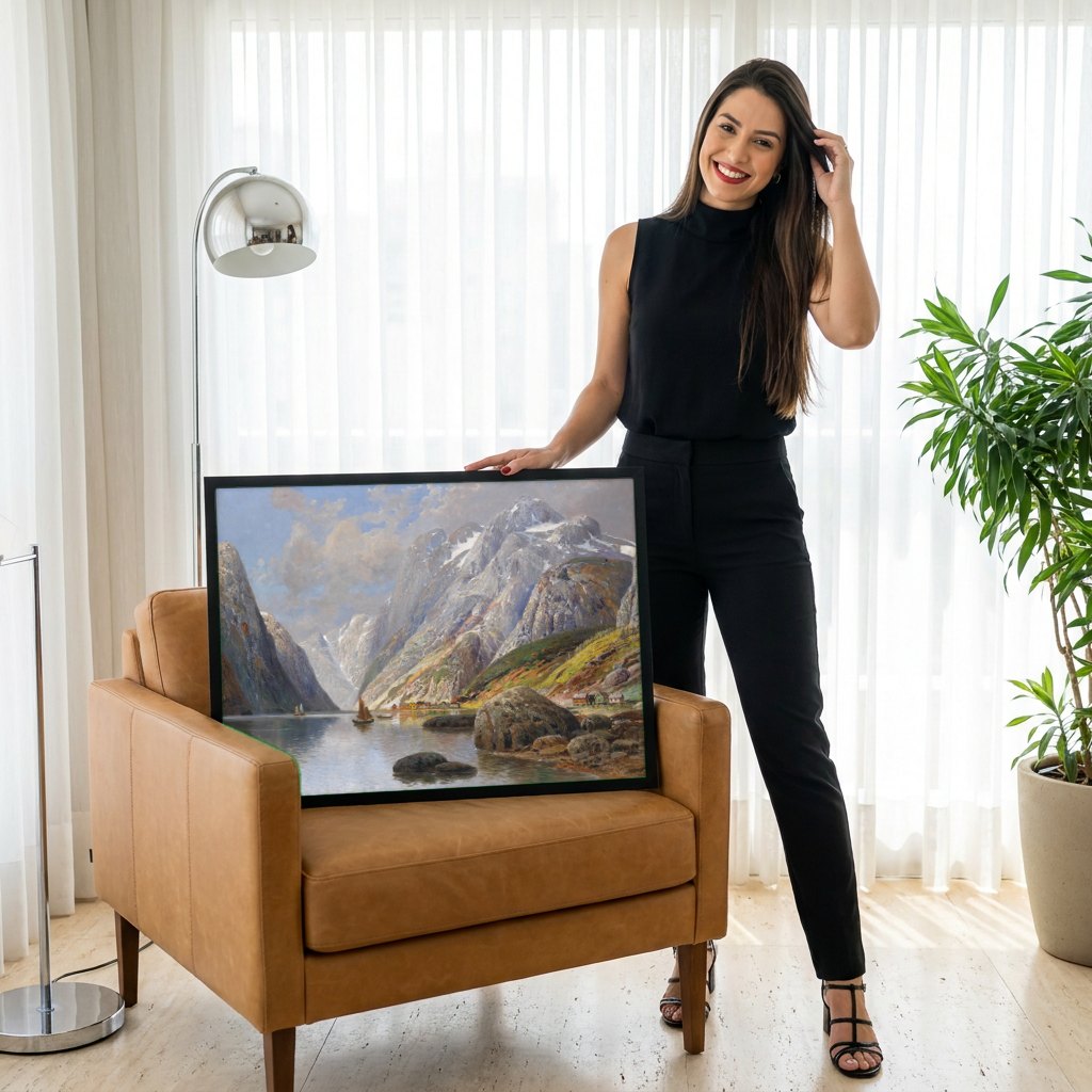 Quadro Decorativo Fiorde Norueguês - Karl Kaufmann | modelo apresentando o quadro emoldurado