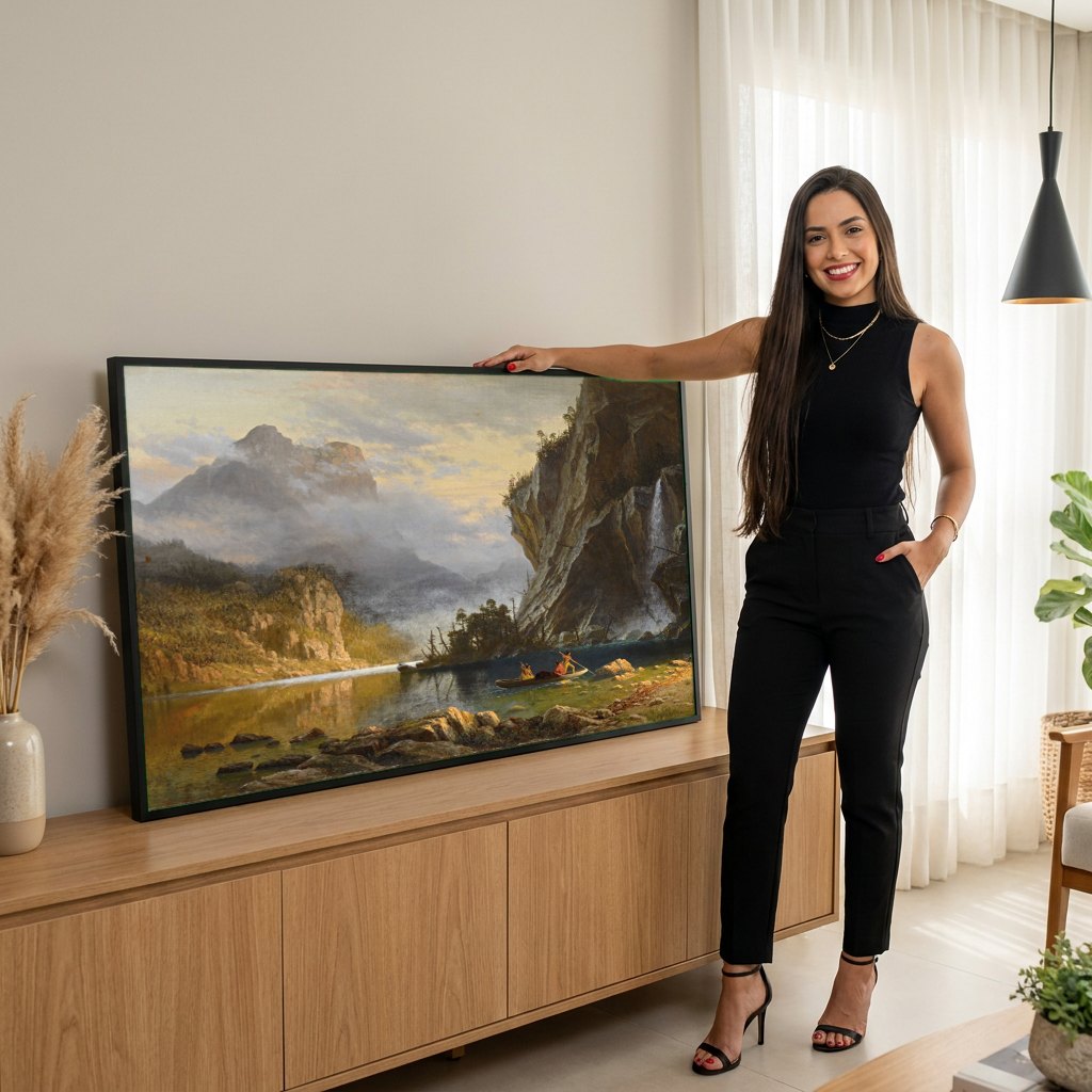 Quadro Decorativo A Floresta e o Lago - Albert Bierstadt | modelo apresentando o quadro emoldurado