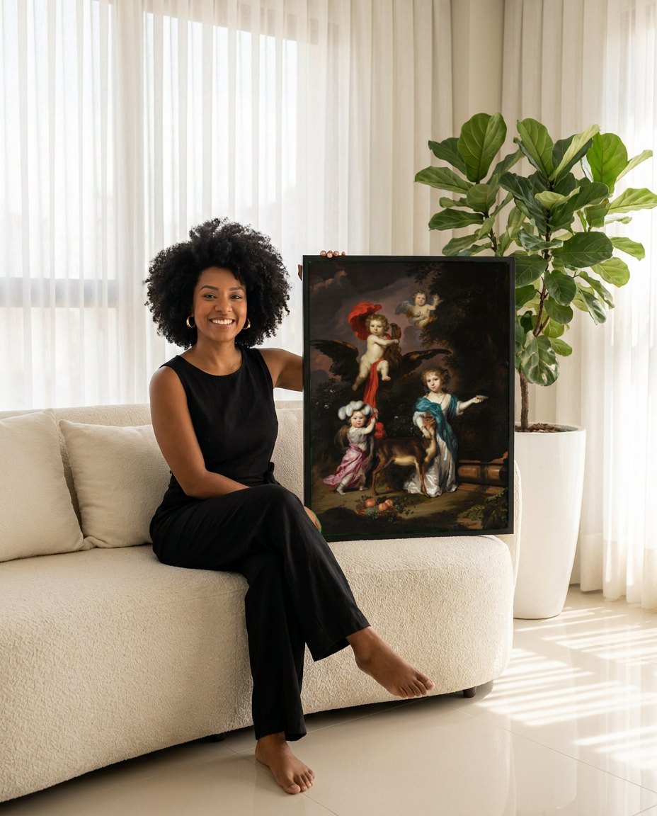 Quadro Decorativo Crianças e Veado - Nicolaes Maes | modelo apresentando o quadro emoldurado