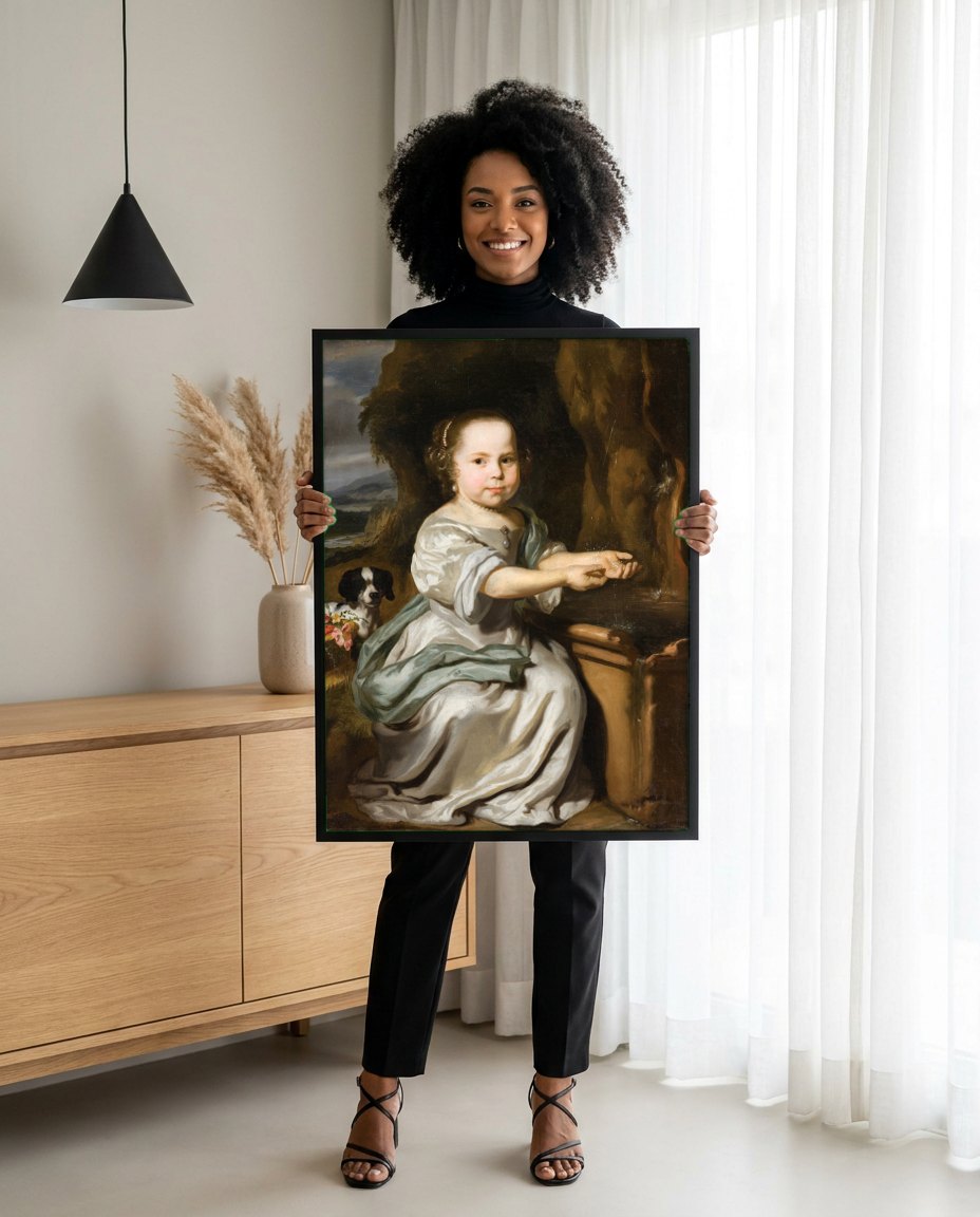 Quadro Decorativo Criança na Fonte - Nicolaes Maes | modelo apresentando o quadro emoldurado