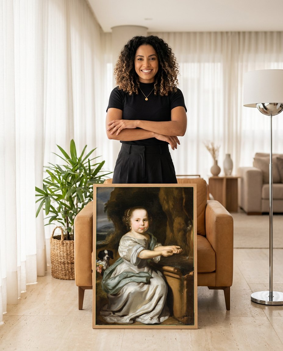 Quadro Decorativo Criança na Fonte - Nicolaes Maes | modelo apresentando o quadro emoldurado