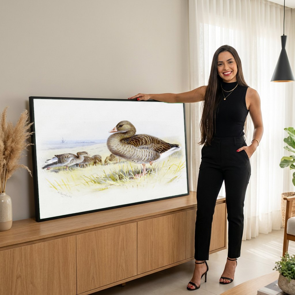 Quadro Decorativo Aves no Campo - Archibald Thorburn | modelo apresentando o quadro emoldurado