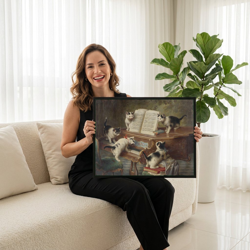 Quadro Decorativo Gatinhos ao Piano - Carl Reichert | modelo apresentando o quadro emoldurado