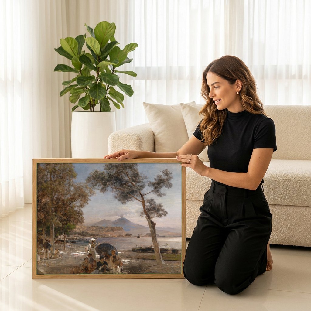 Quadro Decorativo Porto de Nápoles - Oswald Achenbach | modelo apresentando o quadro emoldurado