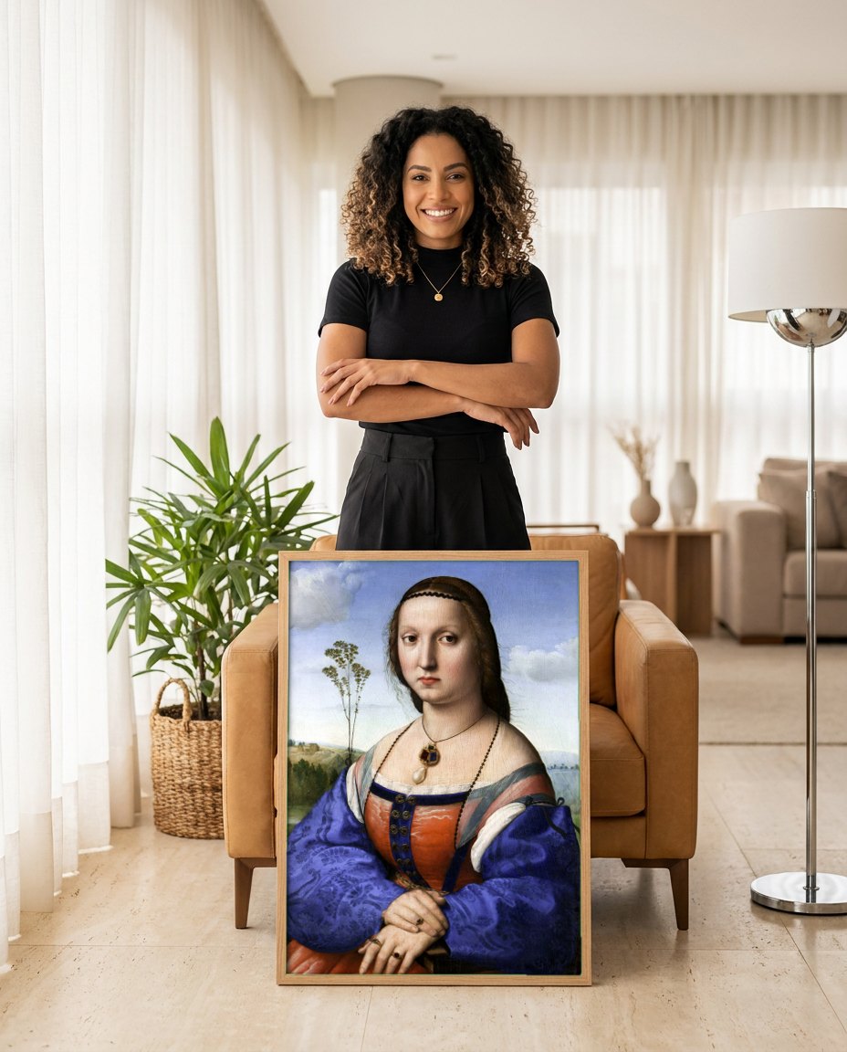 Quadro Decorativo A Donna Velata - Rafael | modelo apresentando o quadro emoldurado