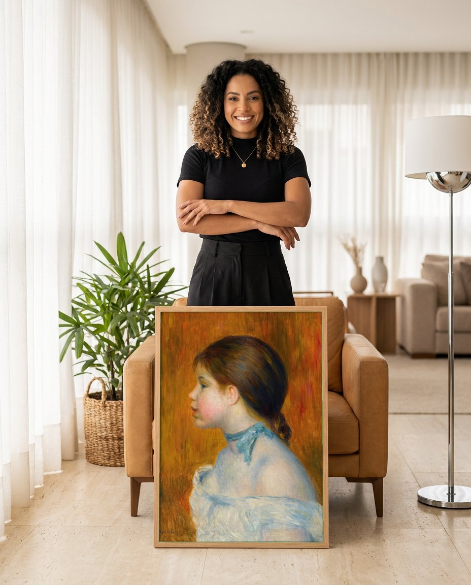 Quadro Decorativo Jovem Mulher de Perfil - Renoir | modelo apresentando o quadro emoldurado