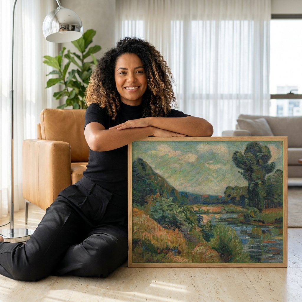 Quadro Decorativo Paisagem com Rio e Colinas - Guillaumin | modelo apresentando o quadro emoldurado