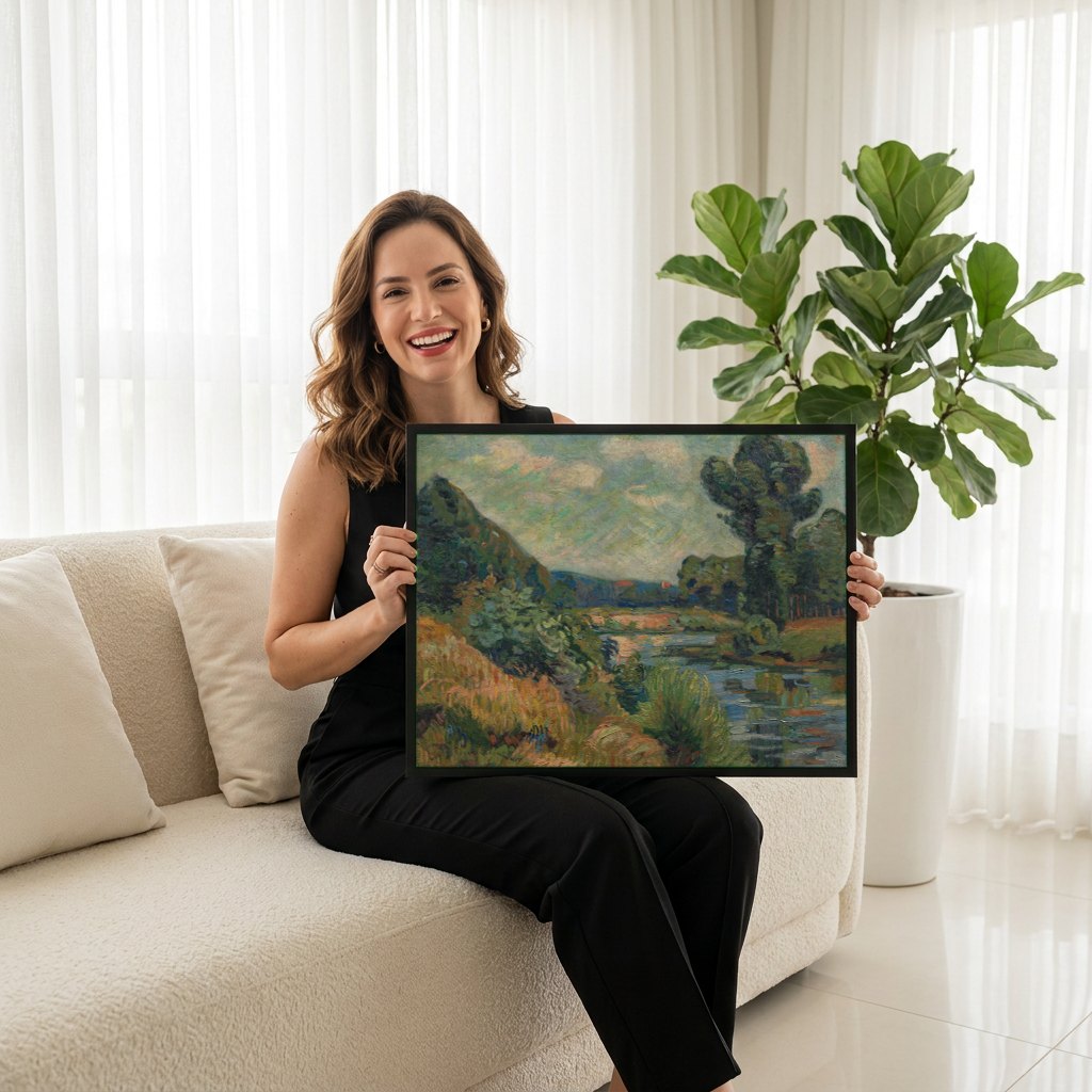 Quadro Decorativo Paisagem com Rio e Colinas - Guillaumin | modelo apresentando o quadro emoldurado